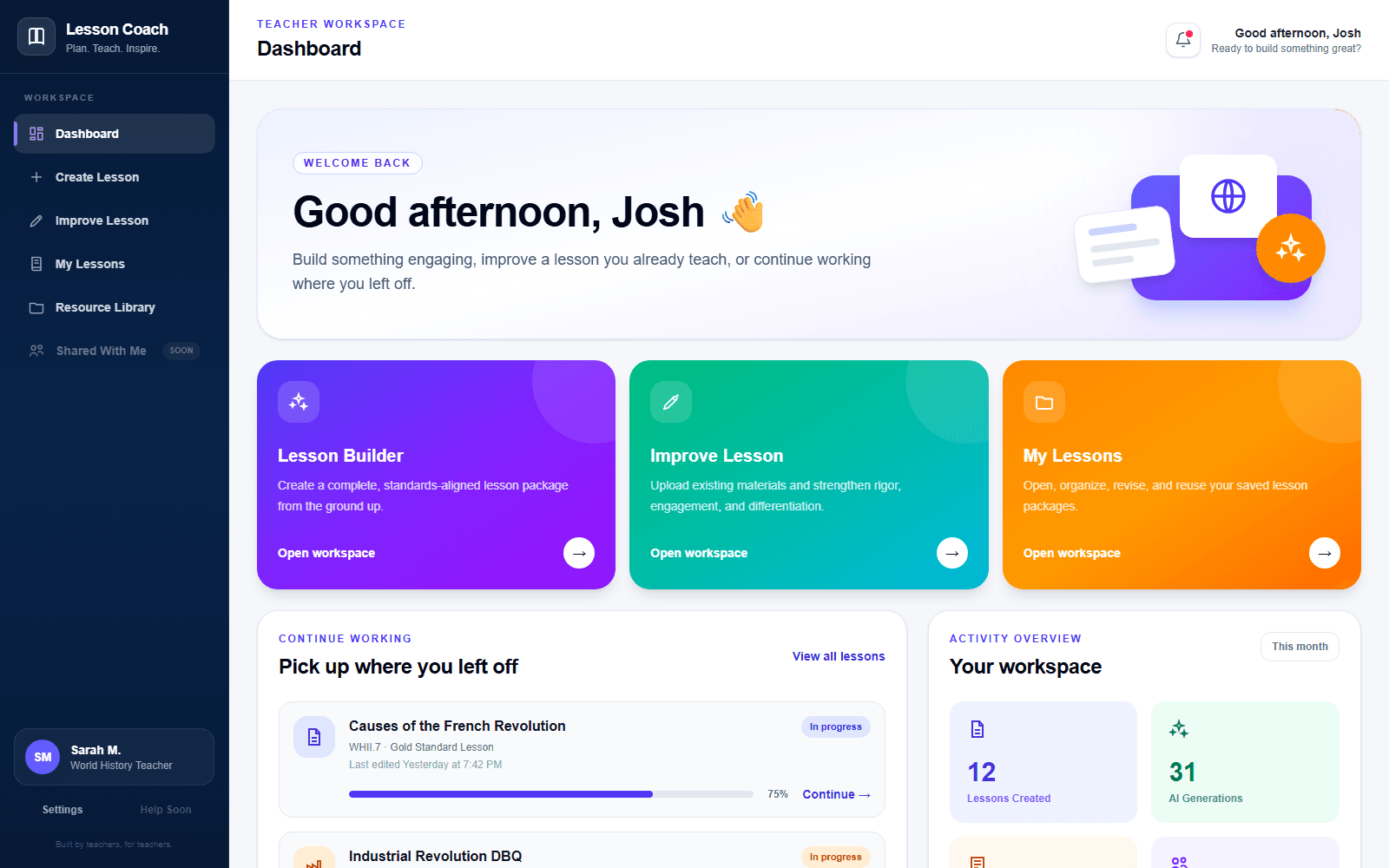 Lesson Coach dashboard