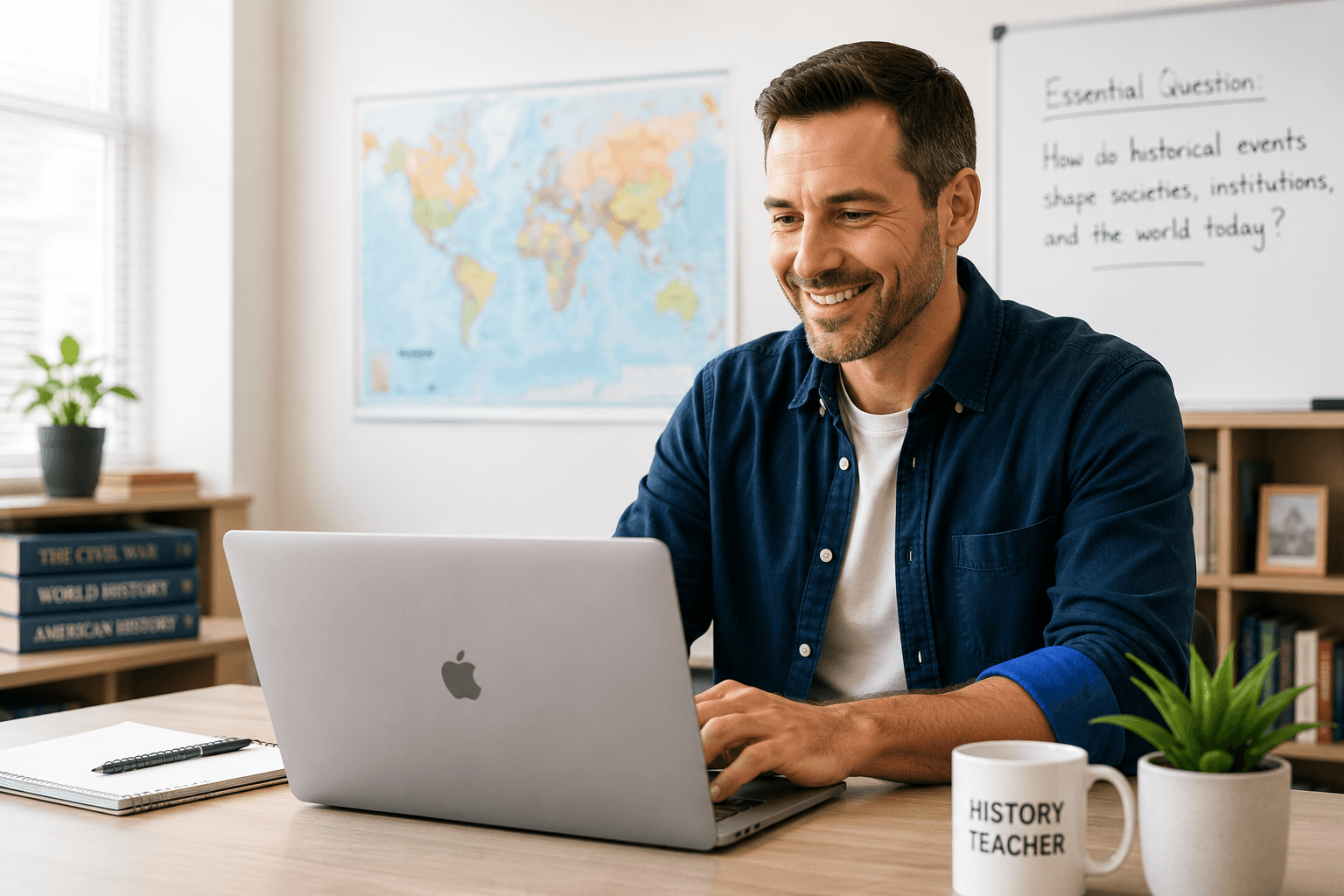 History teacher planning a lesson on a laptop